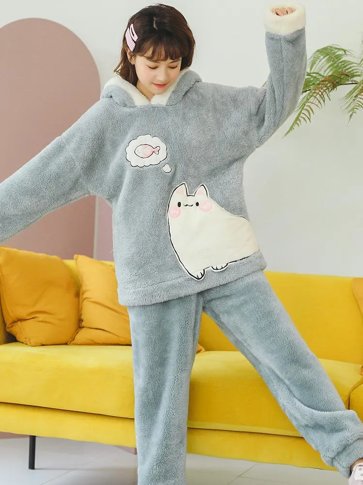 PINK CAT CUTE CORAL FLEECE THICKENED HOODED CARTOON CLOTHES