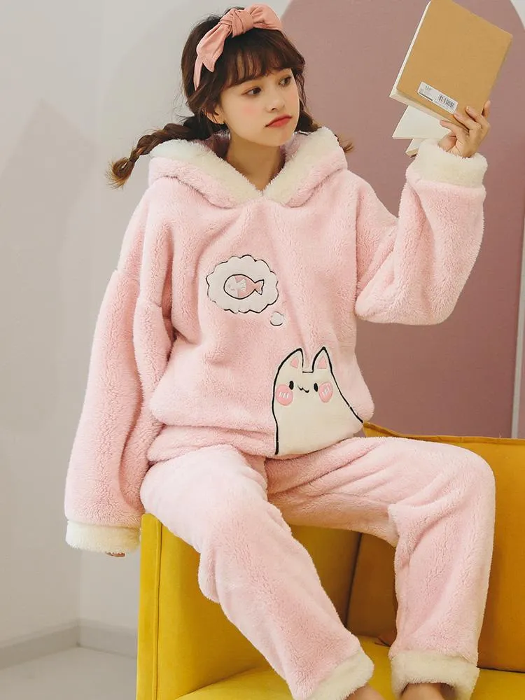 PINK CAT CUTE CORAL FLEECE THICKENED HOODED CARTOON CLOTHES