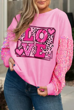 Pink Plus Size Leopard LOVE Graphic Sequin Sleeve Sweatshirt