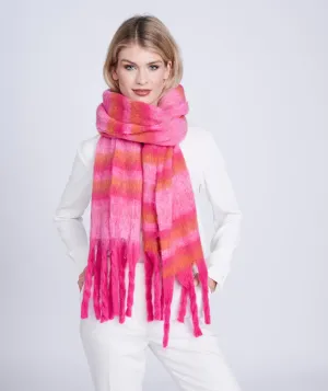 Pink Striped and Fringed Blanket Scarf