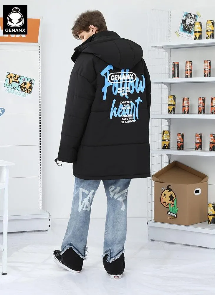 Plain Letter Print Long Padded Coat