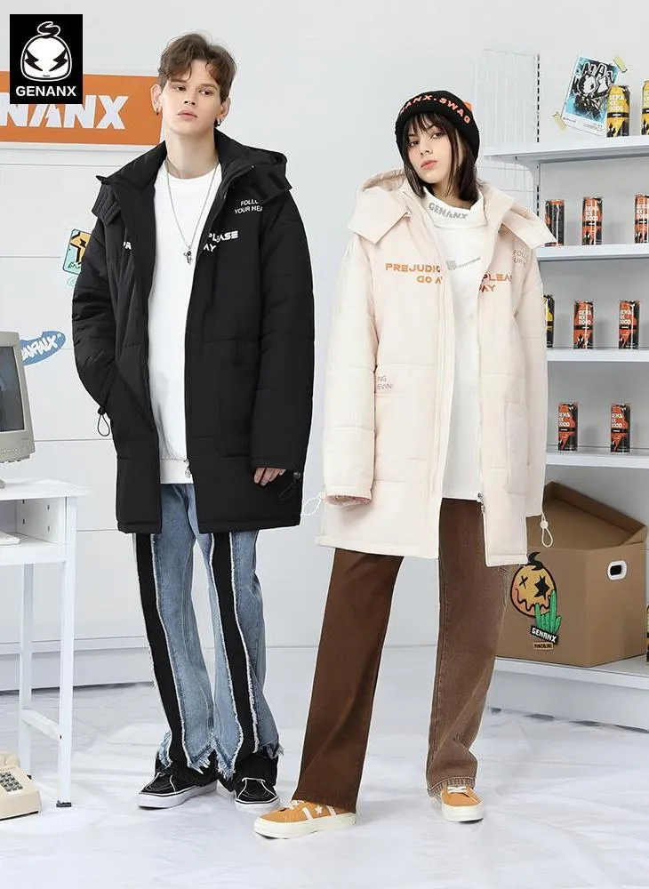 Plain Letter Print Long Padded Coat