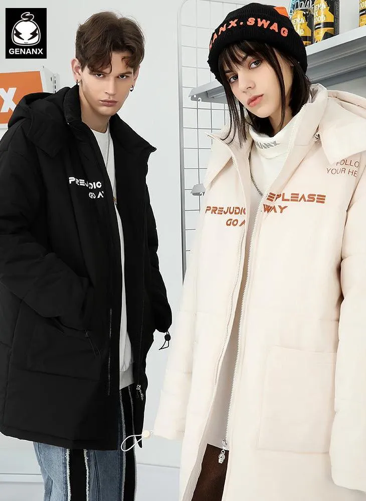 Plain Letter Print Long Padded Coat