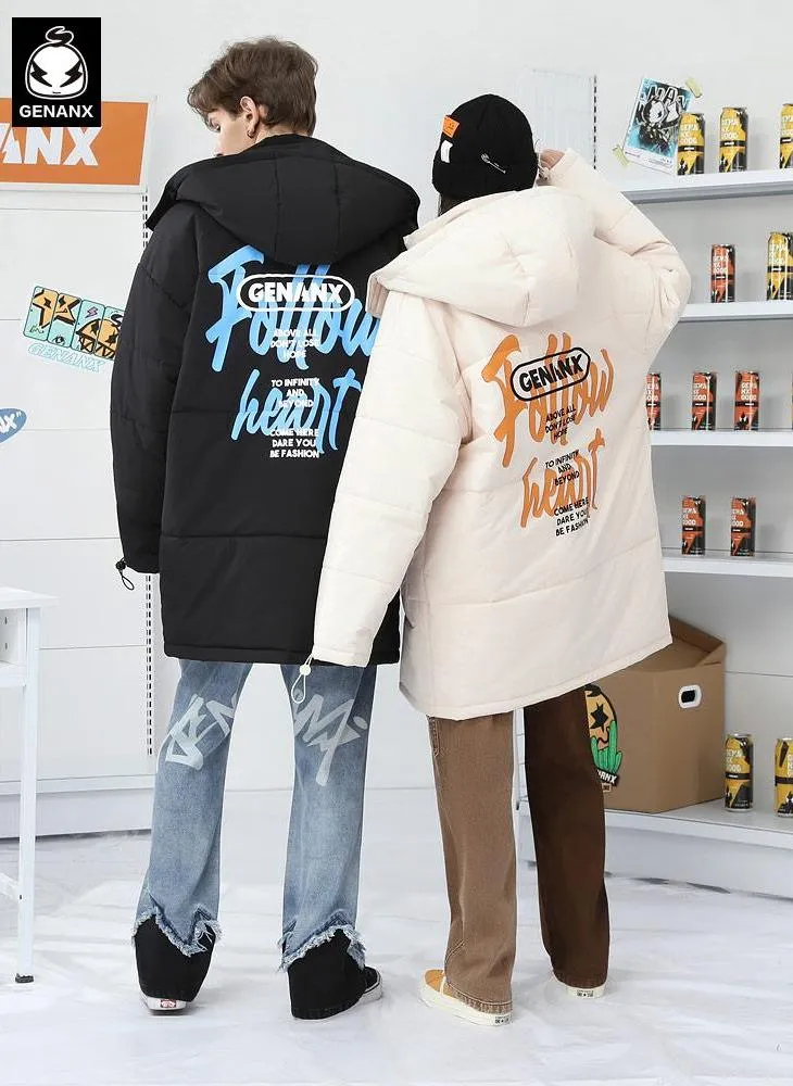 Plain Letter Print Long Padded Coat