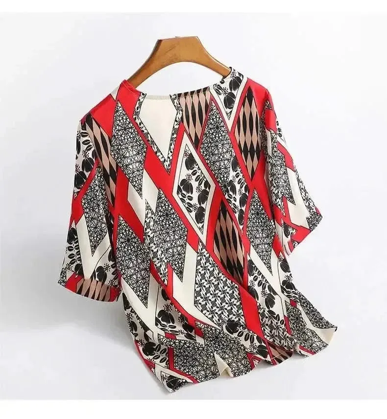 Plus Size Women Silk Satin Floral Blouse