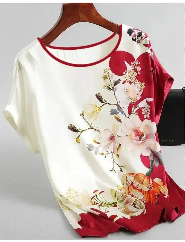 Plus Size Women Silk Satin Floral Blouse