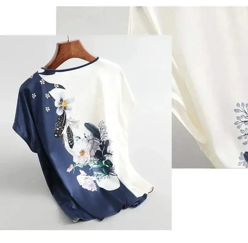 Plus Size Women Silk Satin Floral Blouse