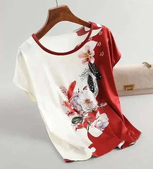 Plus Size Women Silk Satin Floral Blouse