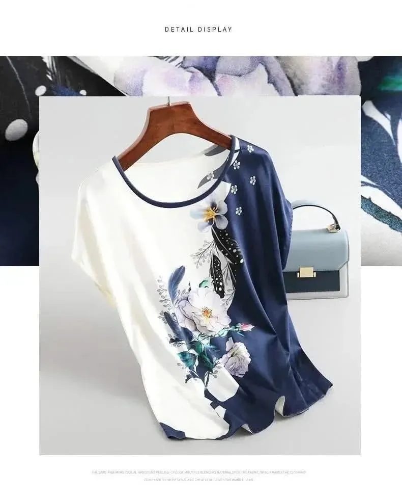 Plus Size Women Silk Satin Floral Blouse