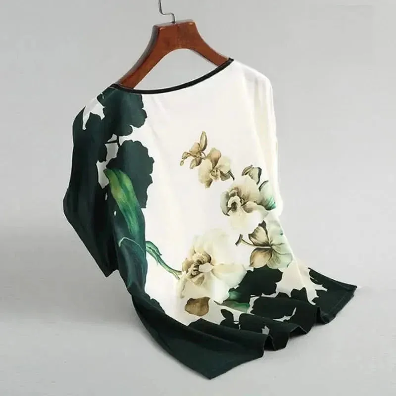 Plus Size Women Silk Satin Floral Blouse