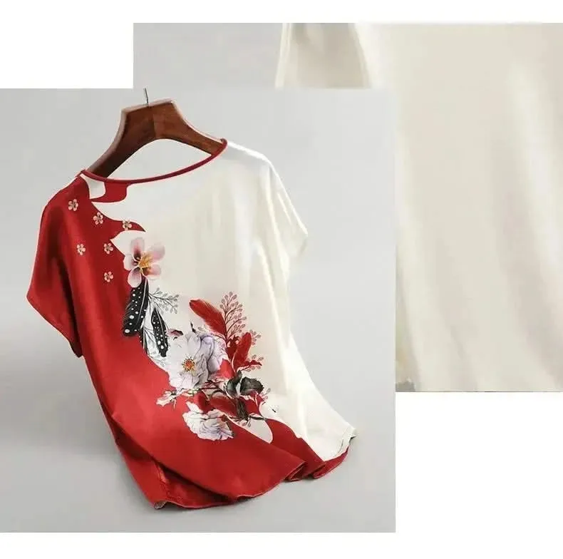 Plus Size Women Silk Satin Floral Blouse