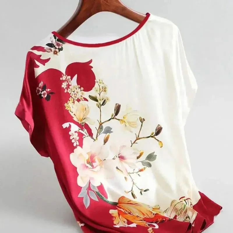 Plus Size Women Silk Satin Floral Blouse