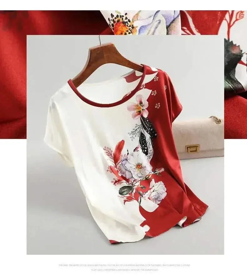 Plus Size Women Silk Satin Floral Blouse