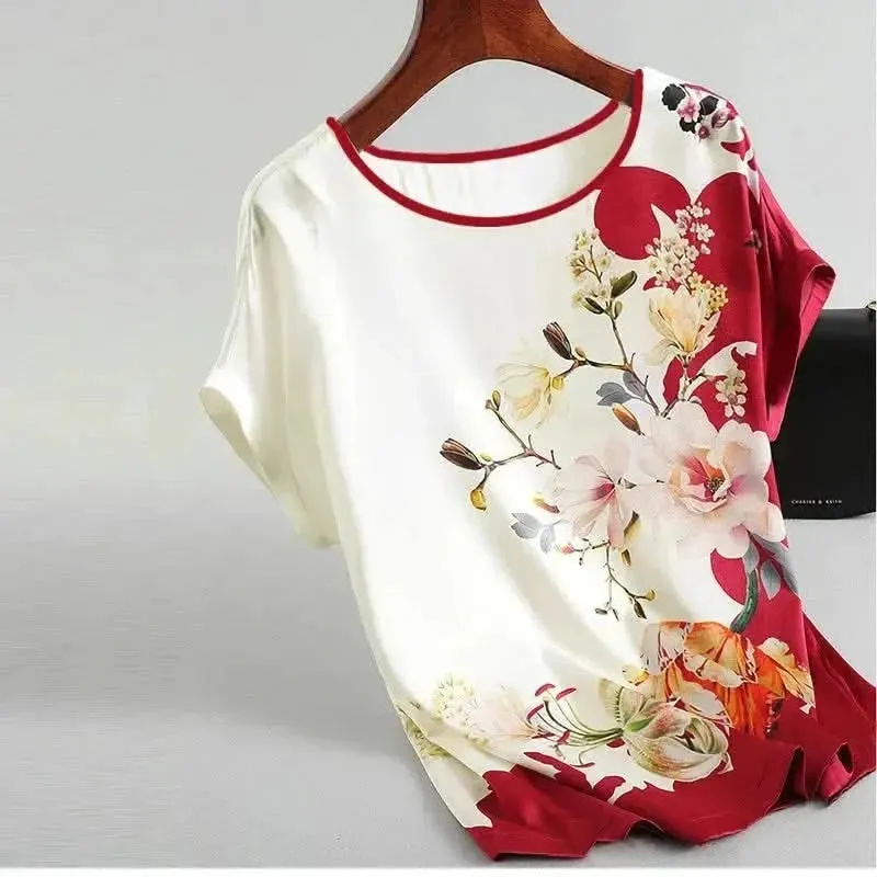 Plus Size Women Silk Satin Floral Blouse