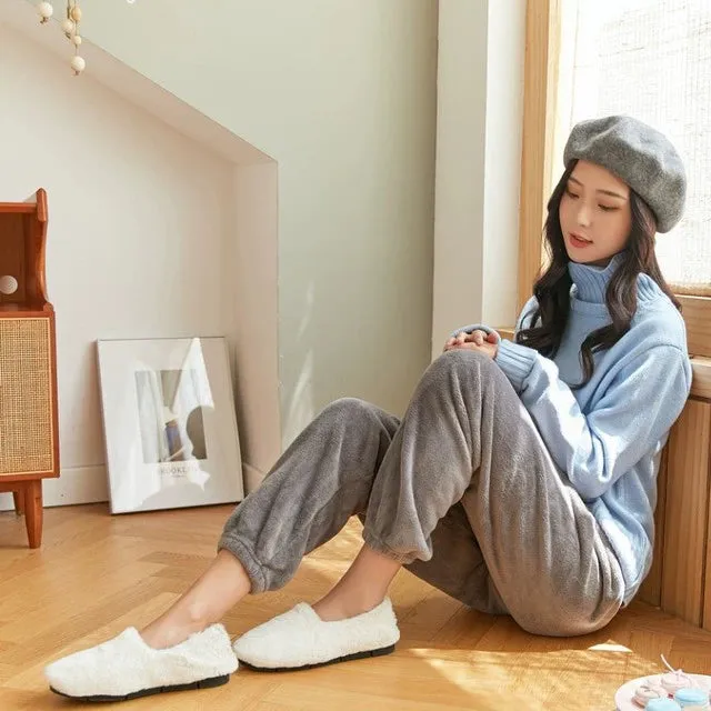 Plush Solid Color Coral Fleece Thickened Home Trousers