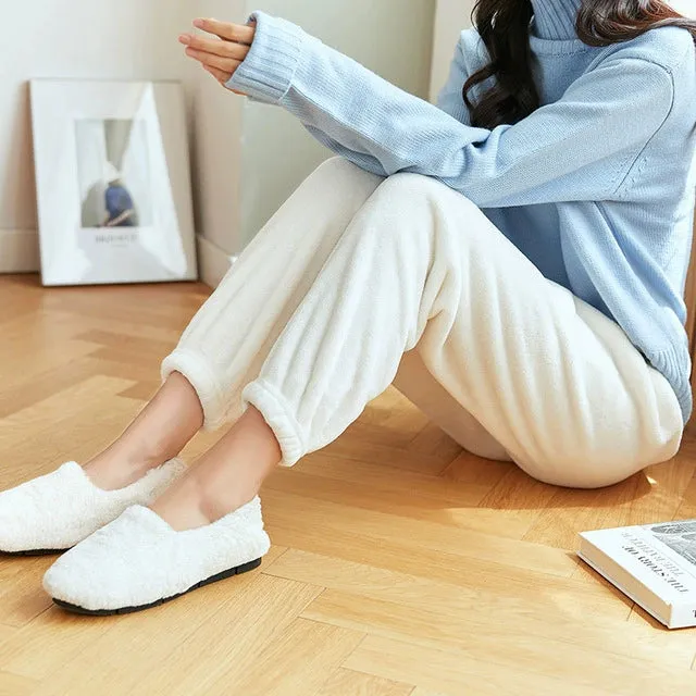 Plush Solid Color Coral Fleece Thickened Home Trousers