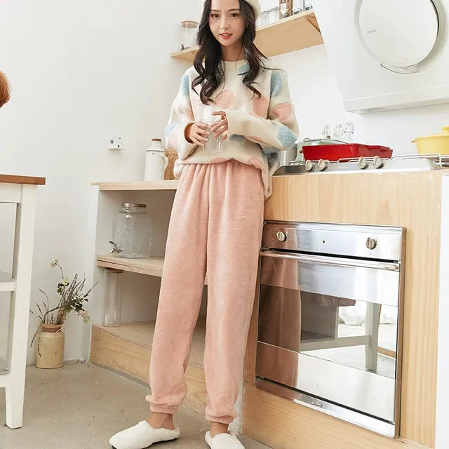 Plush Solid Color Coral Fleece Thickened Home Trousers