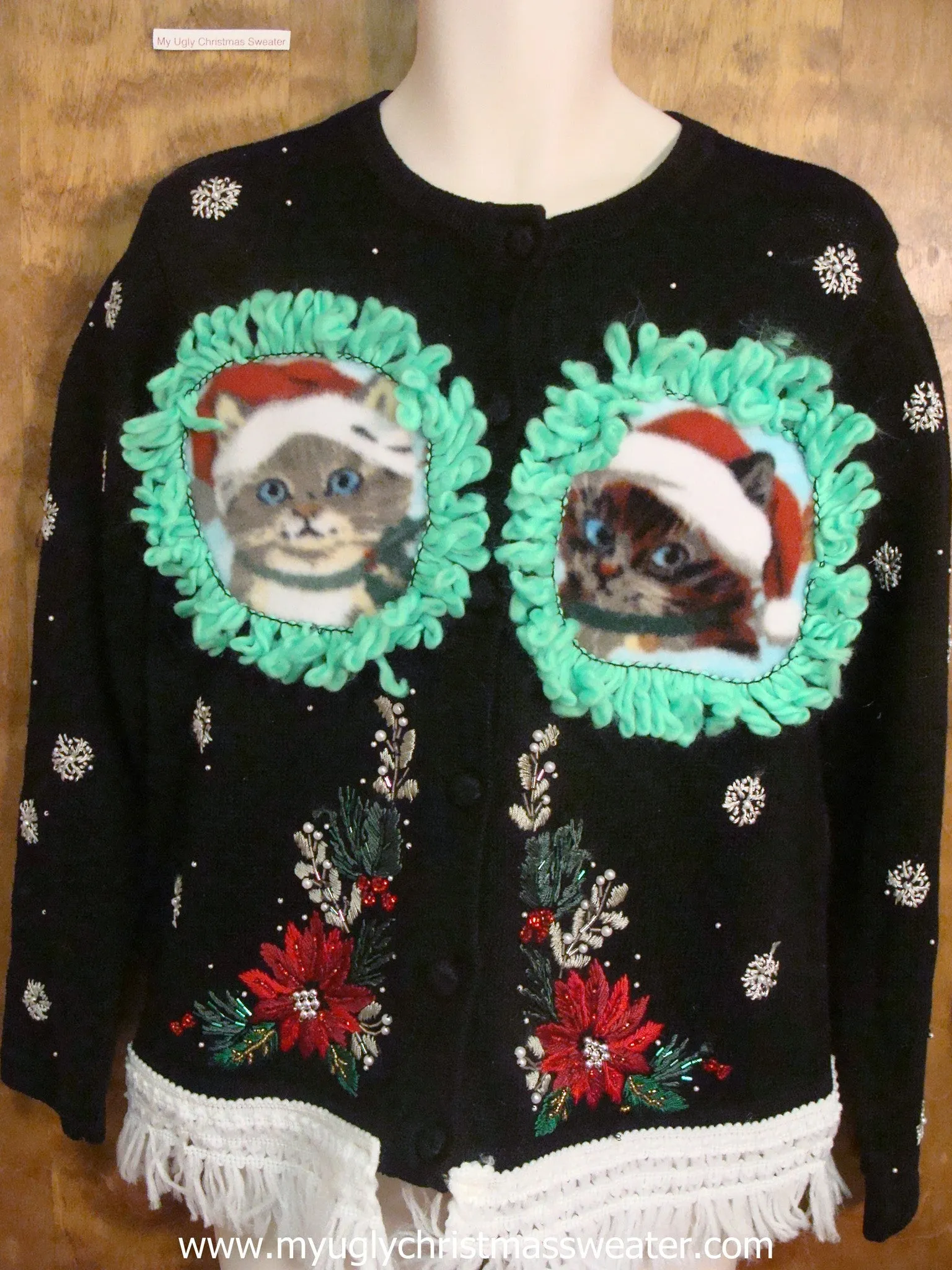Poinsettias and Snowflakes Ugly Christmas Cat Sweater