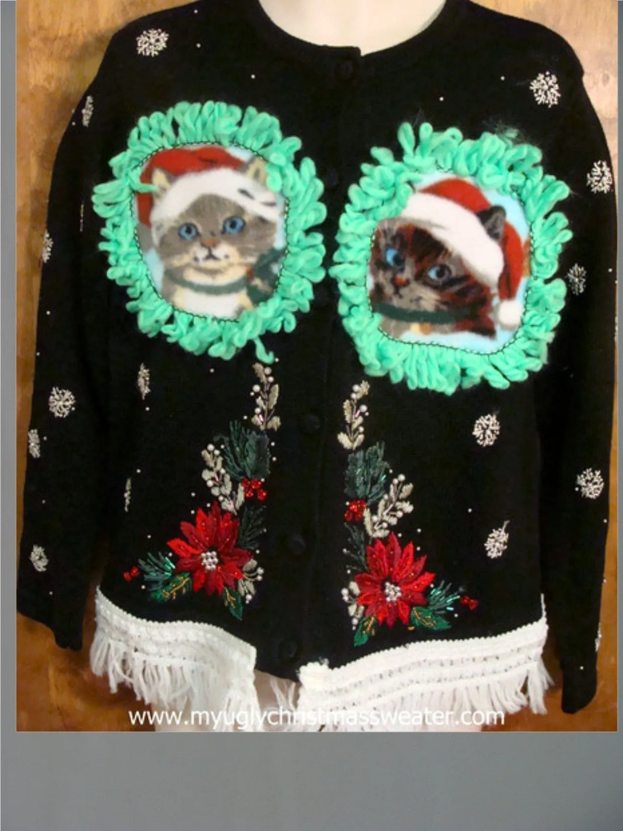 Poinsettias and Snowflakes Ugly Christmas Cat Sweater