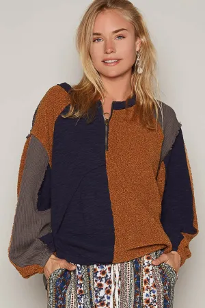 POL 1/2 Zipper Neck Sweater Top in Caramel Multi