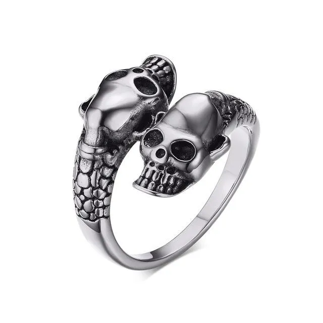 Polished Biker's Outlaw Double-Skull Ring