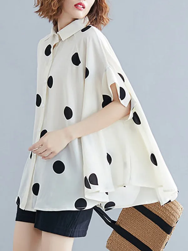 Polka-Dot Batwing Sleeves Loose Lapel Blouses&shirts Tops