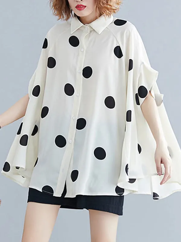 Polka-Dot Batwing Sleeves Loose Lapel Blouses&shirts Tops