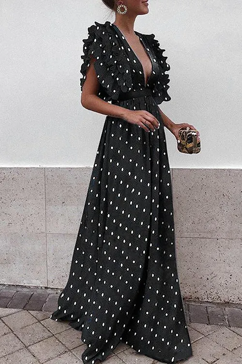 Polkdot Long Ruffles High Waist Party Dress