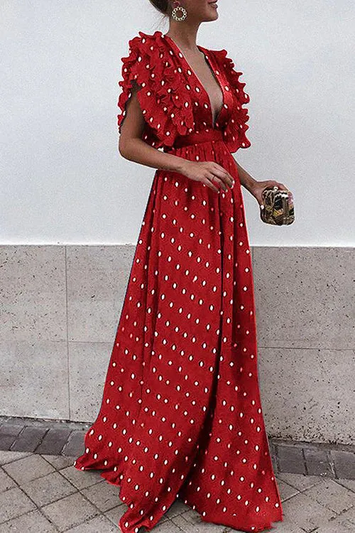 Polkdot Long Ruffles High Waist Party Dress