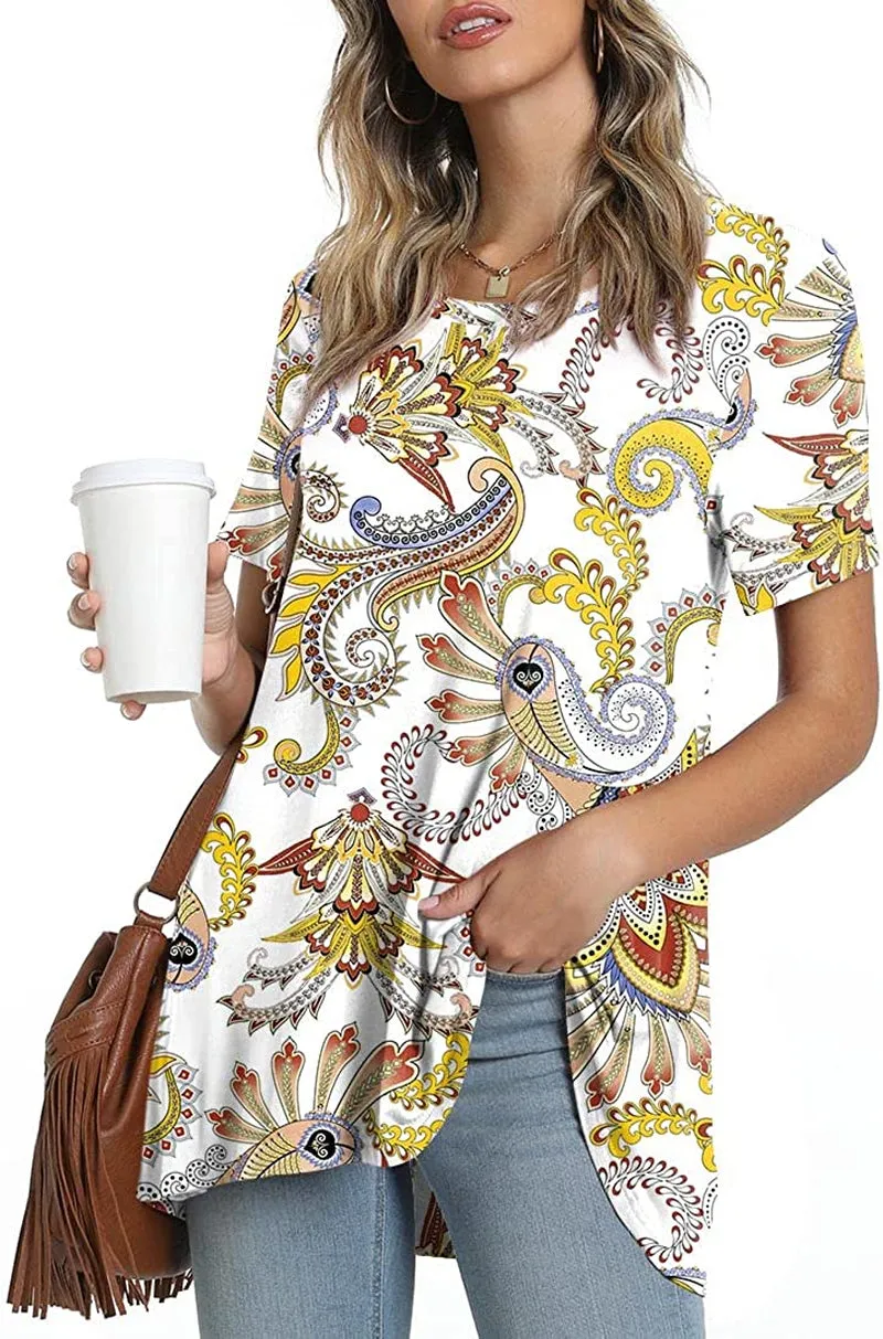 POPYOUNG Women's Summer Casual Short Sleeve Tunic Top for Leggings Crewneck Shirt Loose Blouse