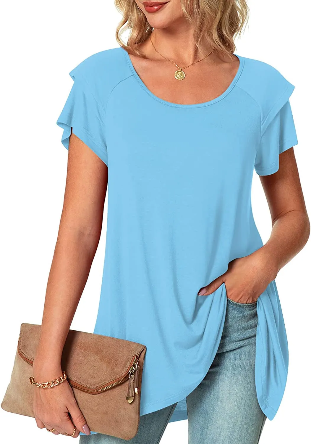 POPYOUNG Women's Summer Casual Short Sleeve Tunic Top for Leggings Crewneck Shirt Loose Blouse