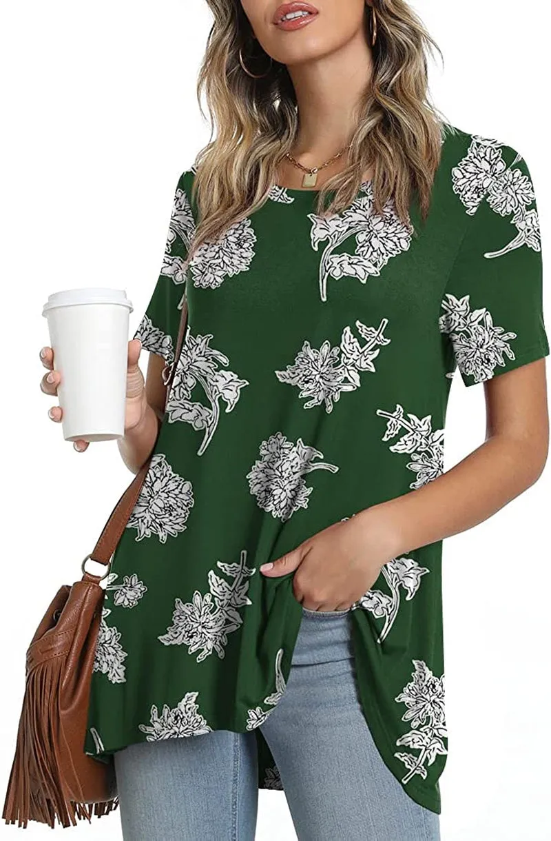 POPYOUNG Women's Summer Casual Short Sleeve Tunic Top for Leggings Crewneck Shirt Loose Blouse