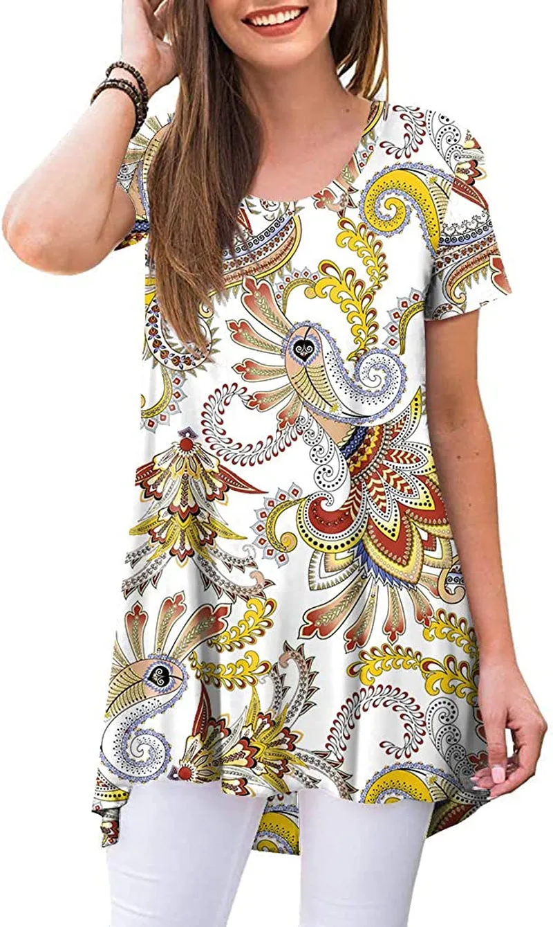 POPYOUNG Women's Summer Casual Short Sleeve Tunic Top for Leggings Crewneck Shirt Loose Blouse