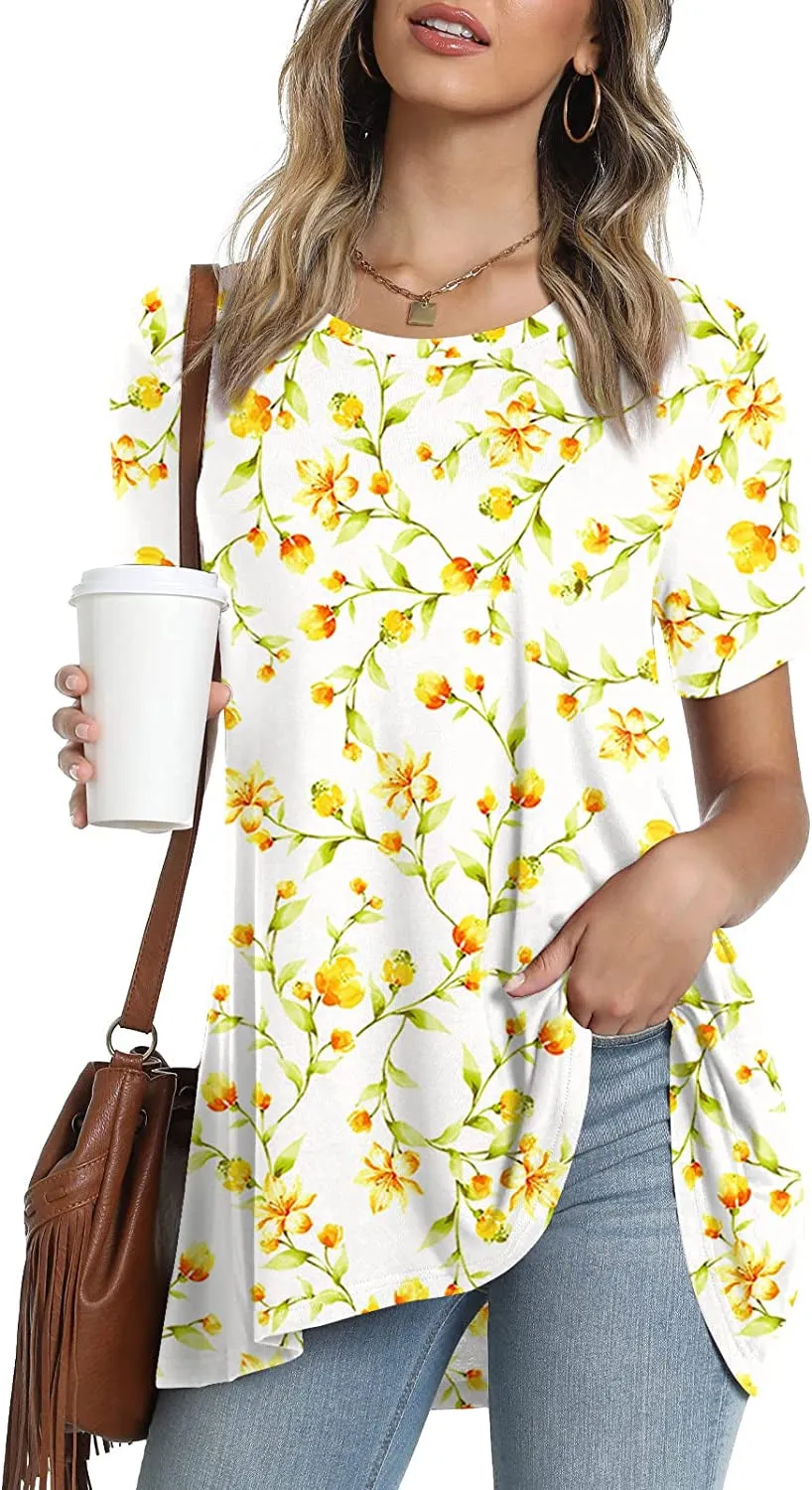 POPYOUNG Women's Summer Casual Short Sleeve Tunic Top for Leggings Crewneck Shirt Loose Blouse