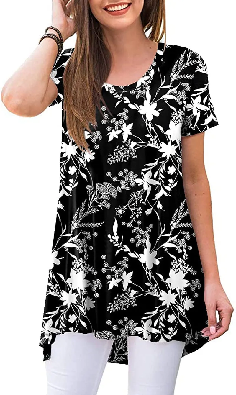 POPYOUNG Women's Summer Casual Short Sleeve Tunic Top for Leggings Crewneck Shirt Loose Blouse