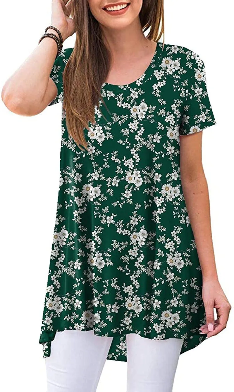 POPYOUNG Women's Summer Casual Short Sleeve Tunic Top for Leggings Crewneck Shirt Loose Blouse