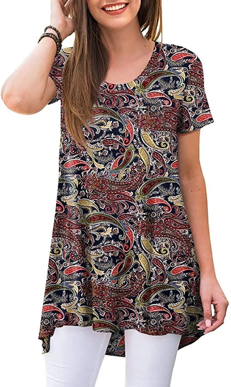POPYOUNG Women's Summer Casual Short Sleeve Tunic Top for Leggings Crewneck Shirt Loose Blouse
