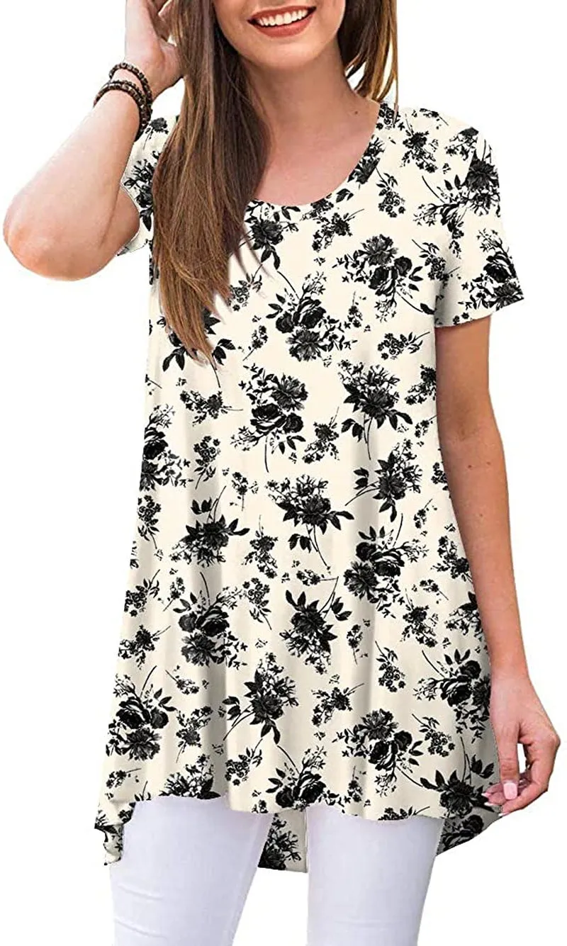 POPYOUNG Women's Summer Casual Short Sleeve Tunic Top for Leggings Crewneck Shirt Loose Blouse