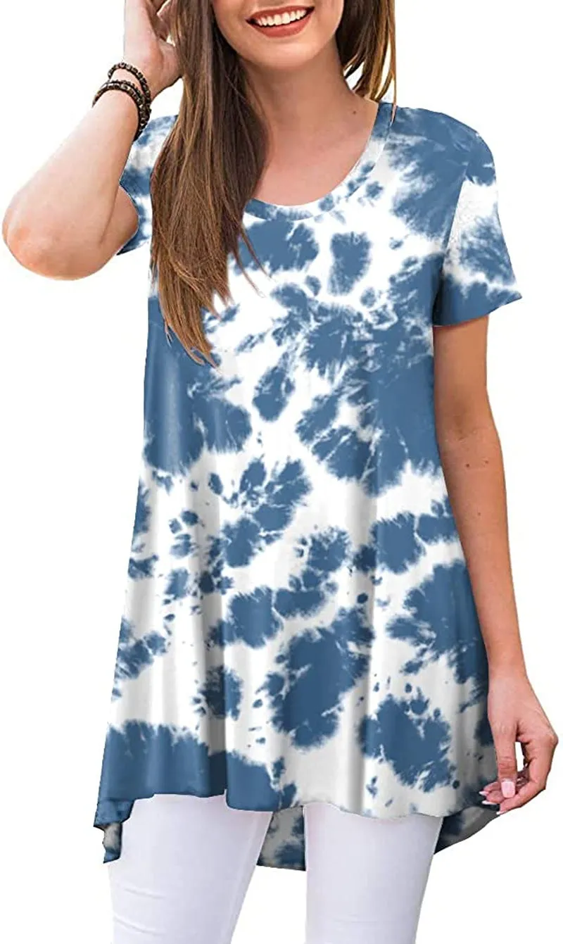 POPYOUNG Women's Summer Casual Short Sleeve Tunic Top for Leggings Crewneck Shirt Loose Blouse