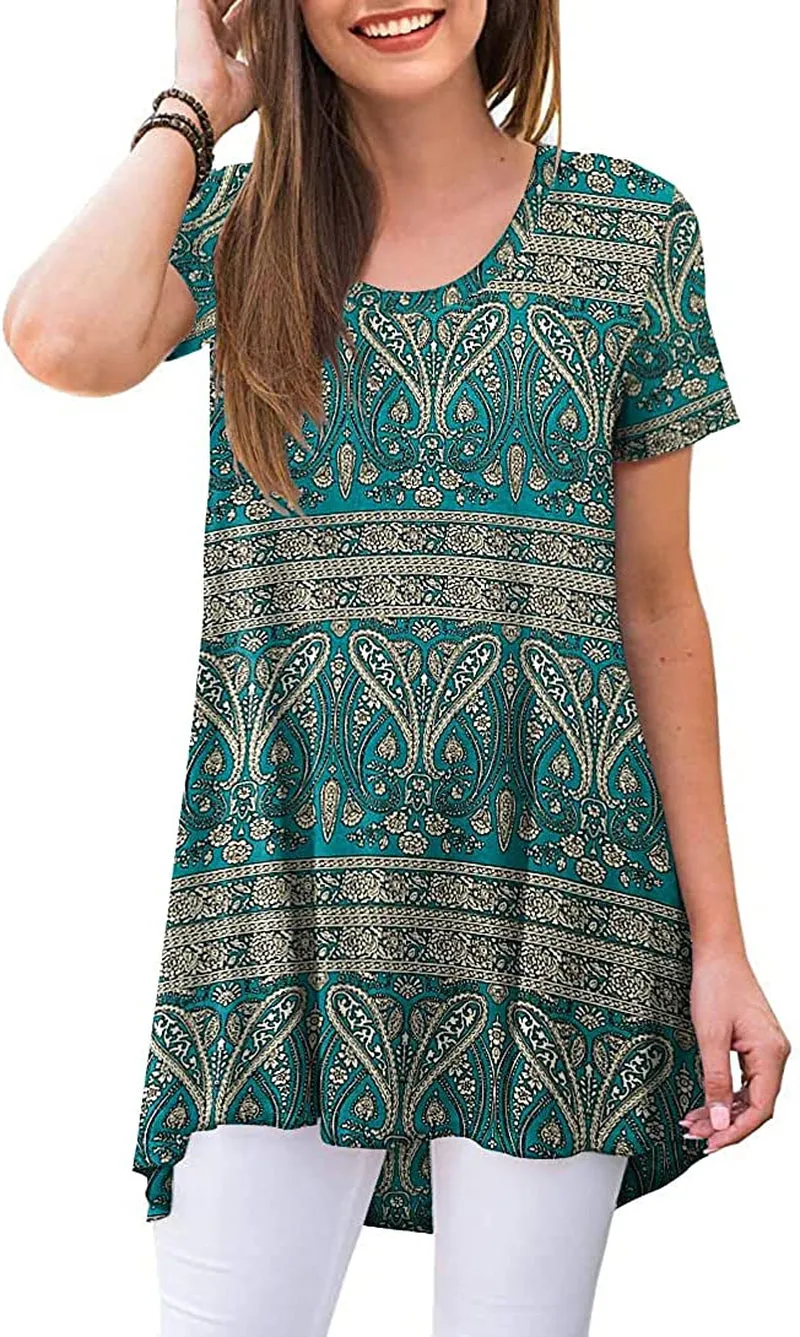 POPYOUNG Women's Summer Casual Short Sleeve Tunic Top for Leggings Crewneck Shirt Loose Blouse