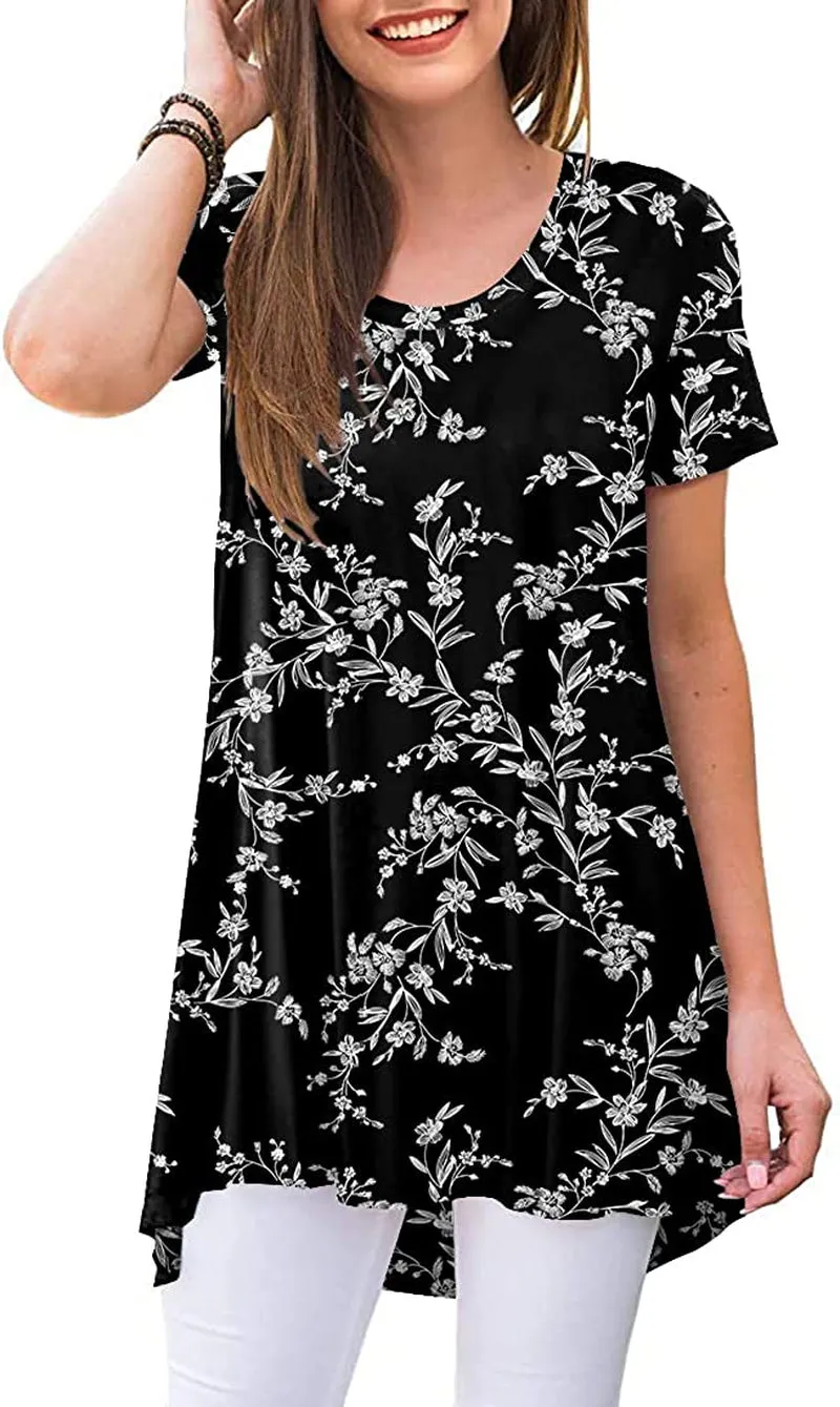 POPYOUNG Women's Summer Casual Short Sleeve Tunic Top for Leggings Crewneck Shirt Loose Blouse
