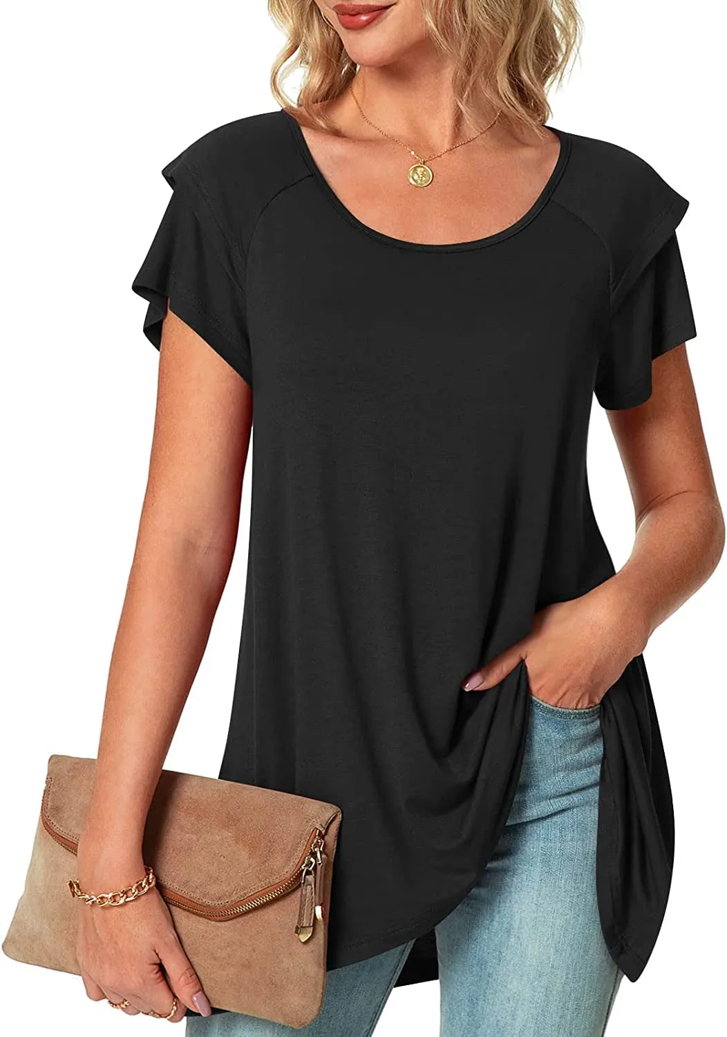 POPYOUNG Women's Summer Casual Short Sleeve Tunic Top for Leggings Crewneck Shirt Loose Blouse