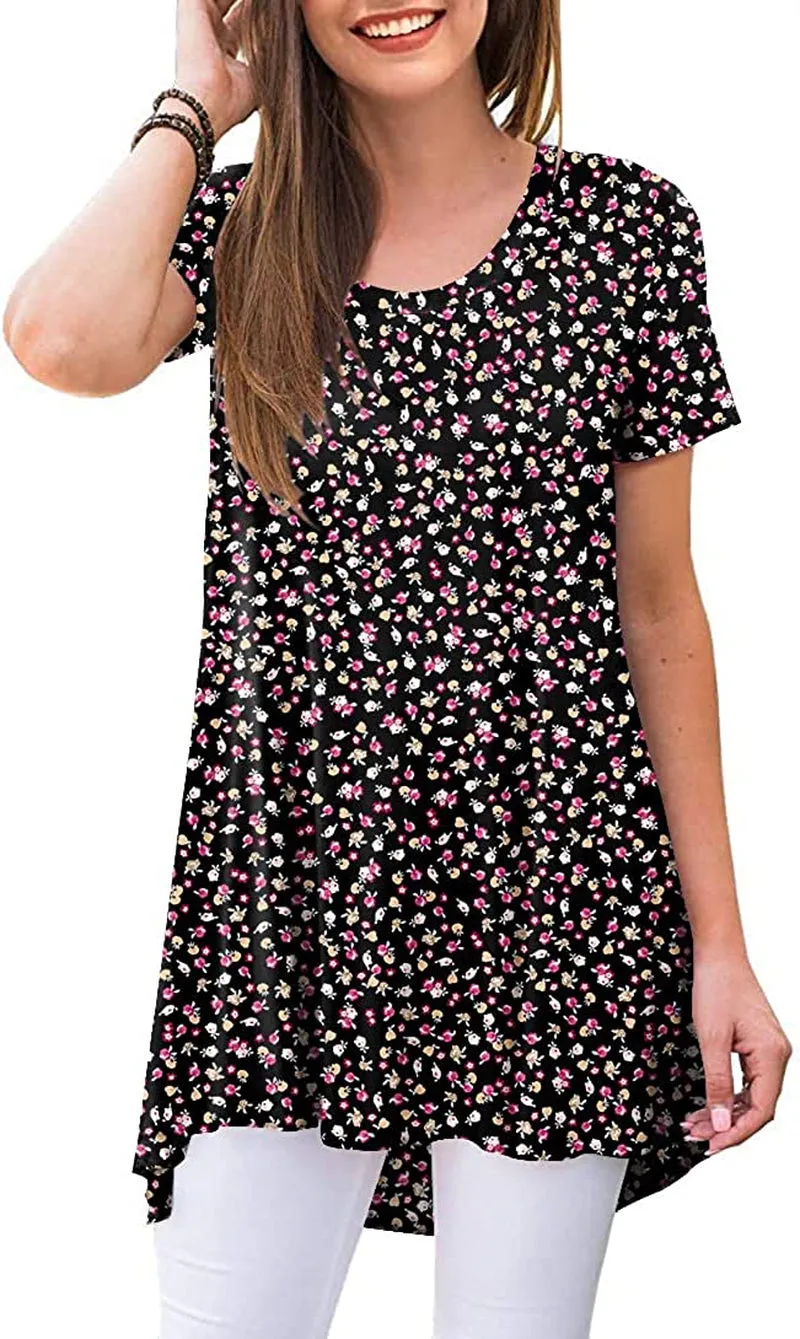 POPYOUNG Women's Summer Casual Short Sleeve Tunic Top for Leggings Crewneck Shirt Loose Blouse