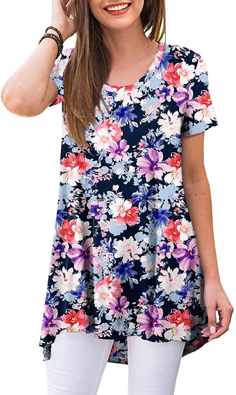 POPYOUNG Women's Summer Casual Short Sleeve Tunic Top for Leggings Crewneck Shirt Loose Blouse