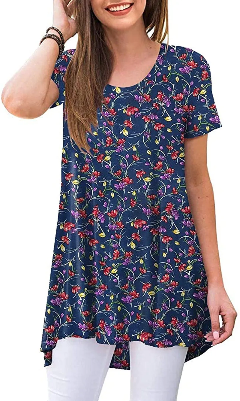 POPYOUNG Women's Summer Casual Short Sleeve Tunic Top for Leggings Crewneck Shirt Loose Blouse