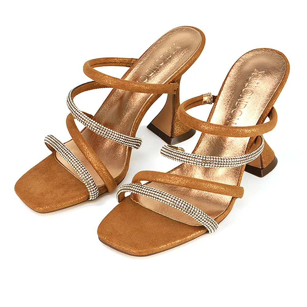 Posie Diamante Strappy Square Toe Sculptured High Heel Wedding Sandals in Rose Gold
