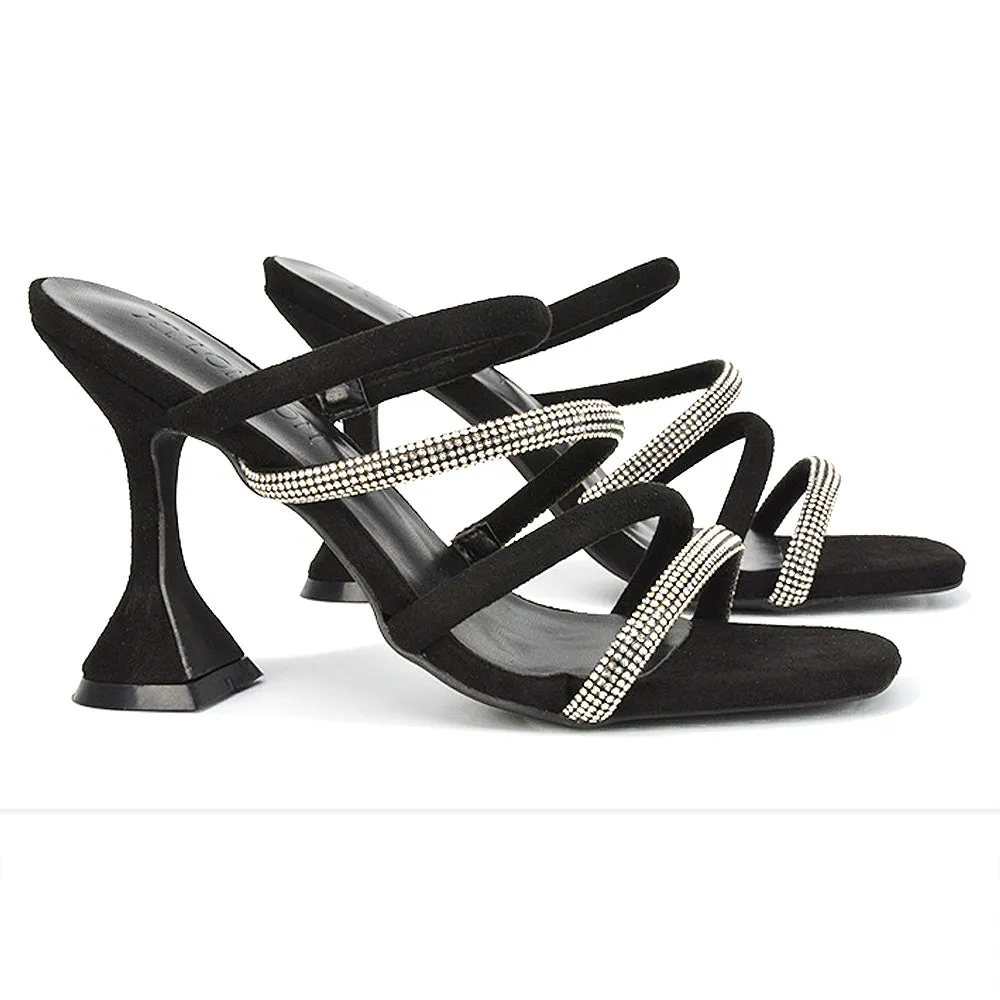 Posie Diamante Strappy Square Toe Sculptured High Heel Wedding Sandals in Rose Gold