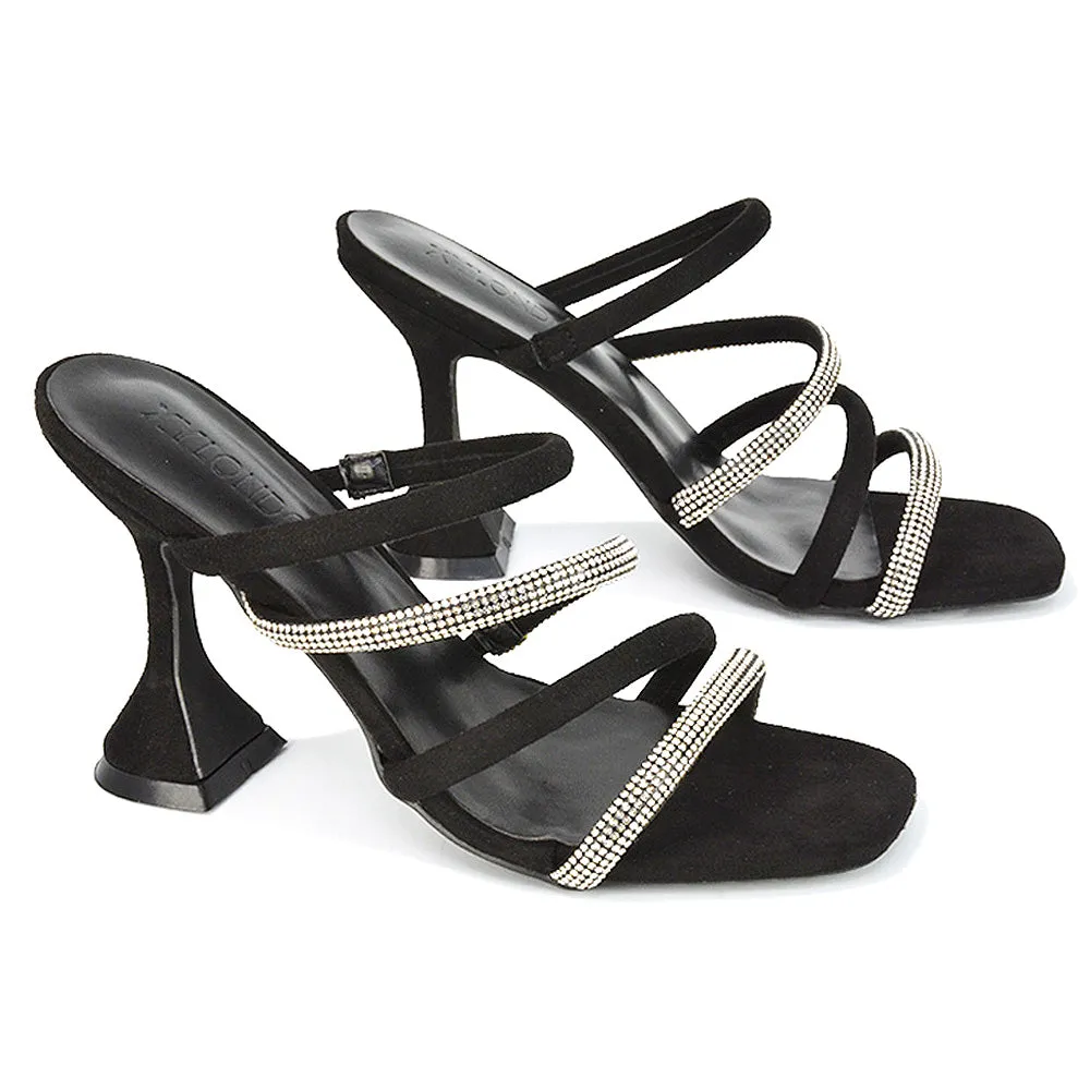 Posie Diamante Strappy Square Toe Sculptured High Heel Wedding Sandals in Rose Gold