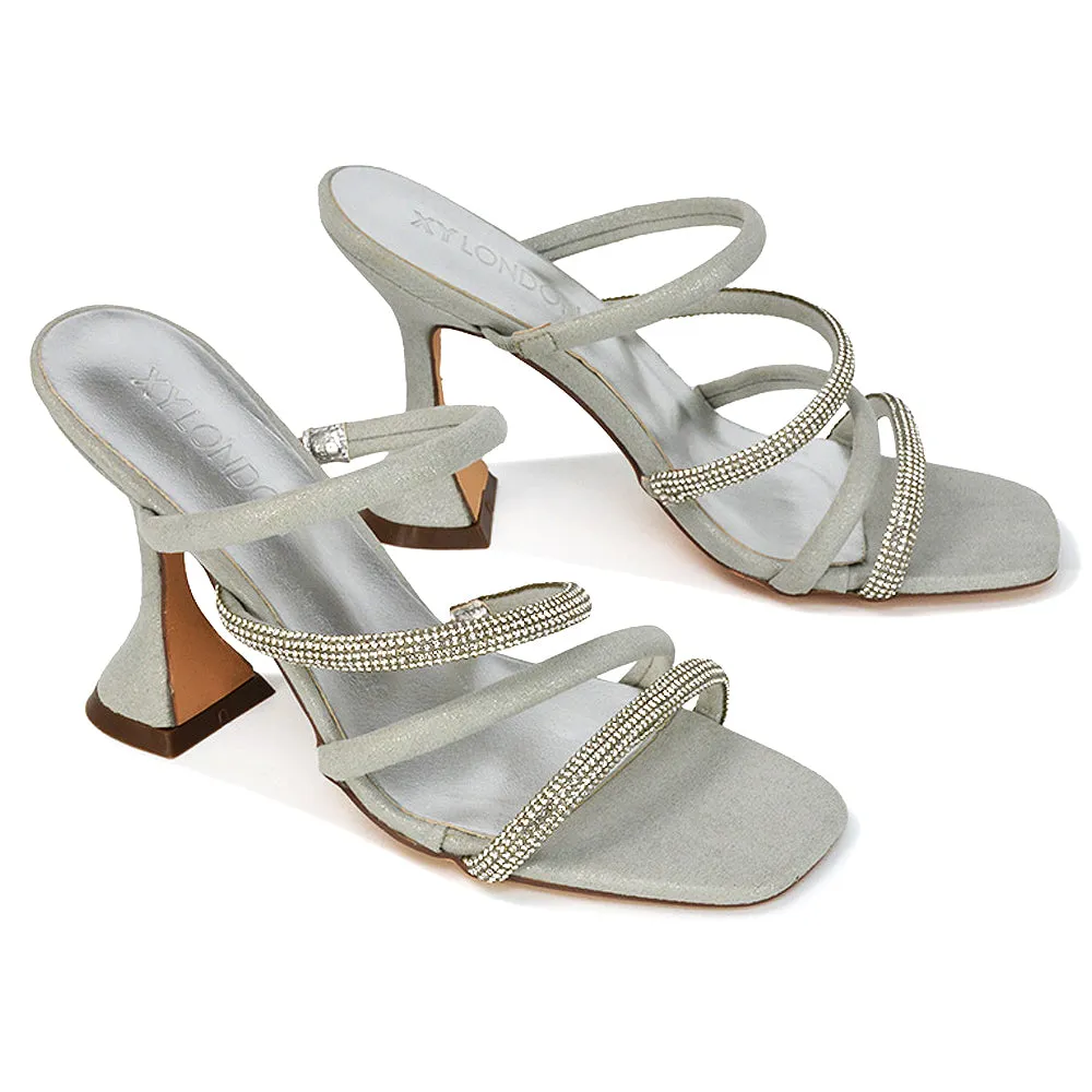 Posie Diamante Strappy Square Toe Sculptured High Heel Wedding Sandals in Rose Gold