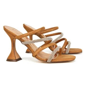 Posie Diamante Strappy Square Toe Sculptured High Heel Wedding Sandals in Rose Gold